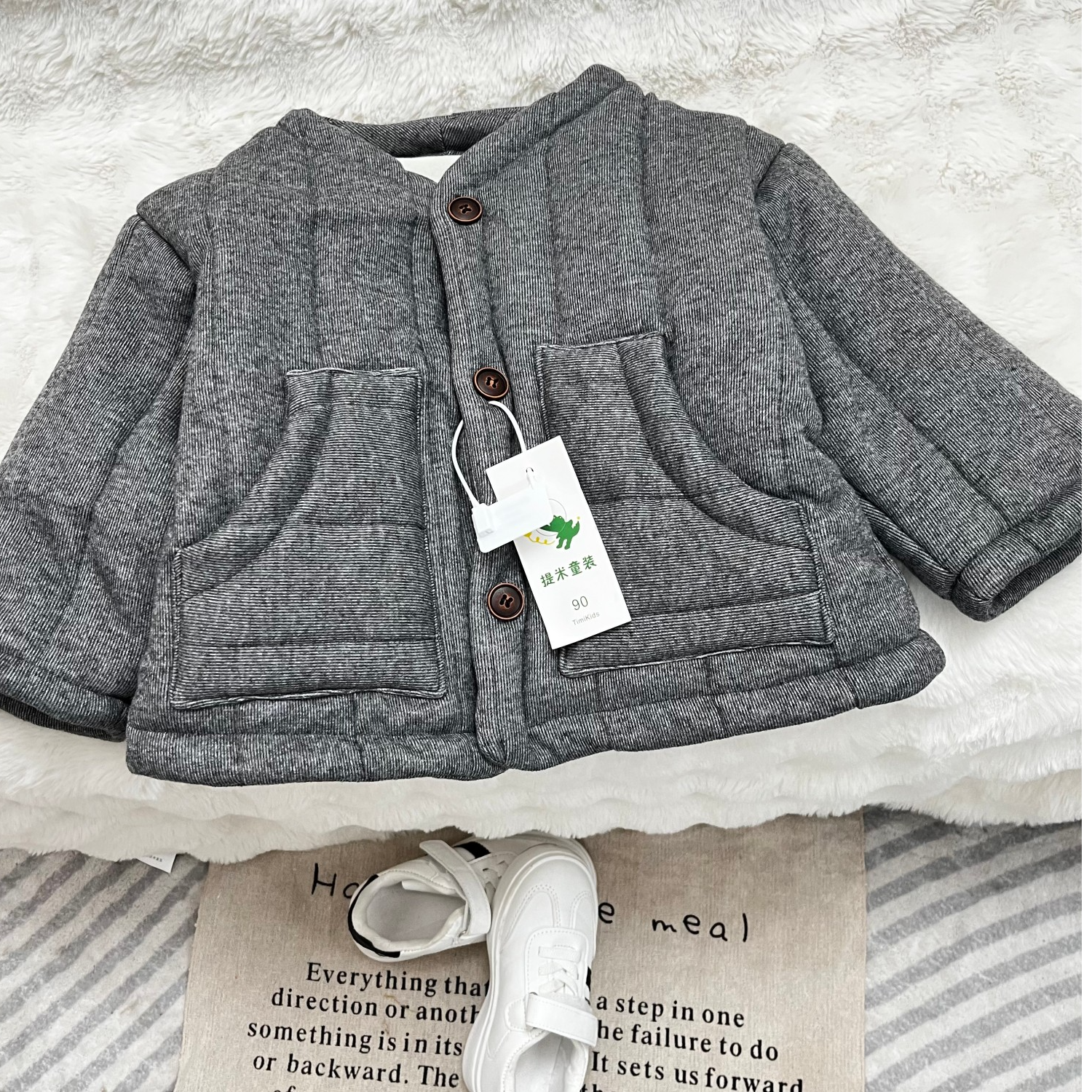 麻灰棉服2025冬季新款儿童外套韩版加厚加绒圆领男女宝宝宝宝童装