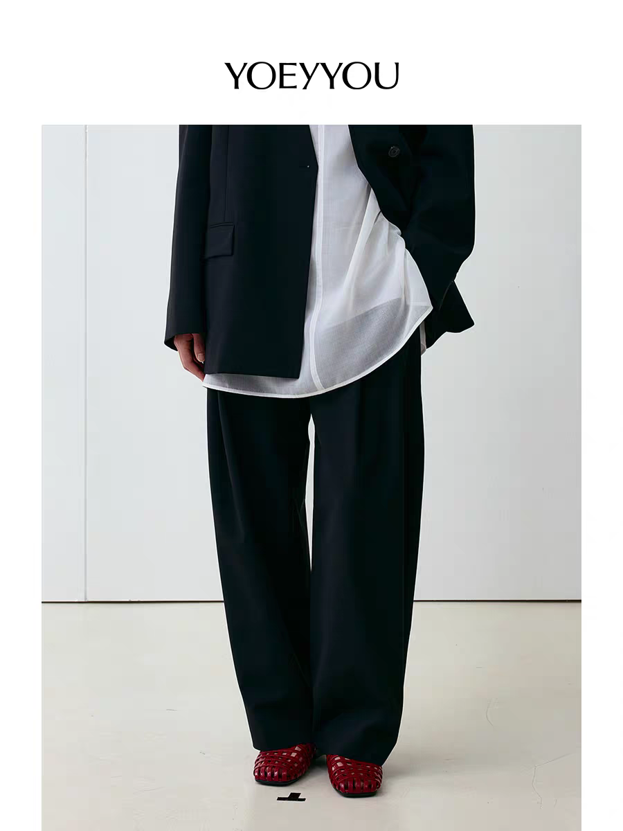 YOEYYOU极简袢带长裤2025春新品独特宽松压褶廓形高腰休闲裤