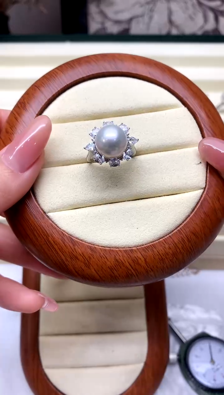 银S925镶嵌戒指淡水珍珠11-12mm