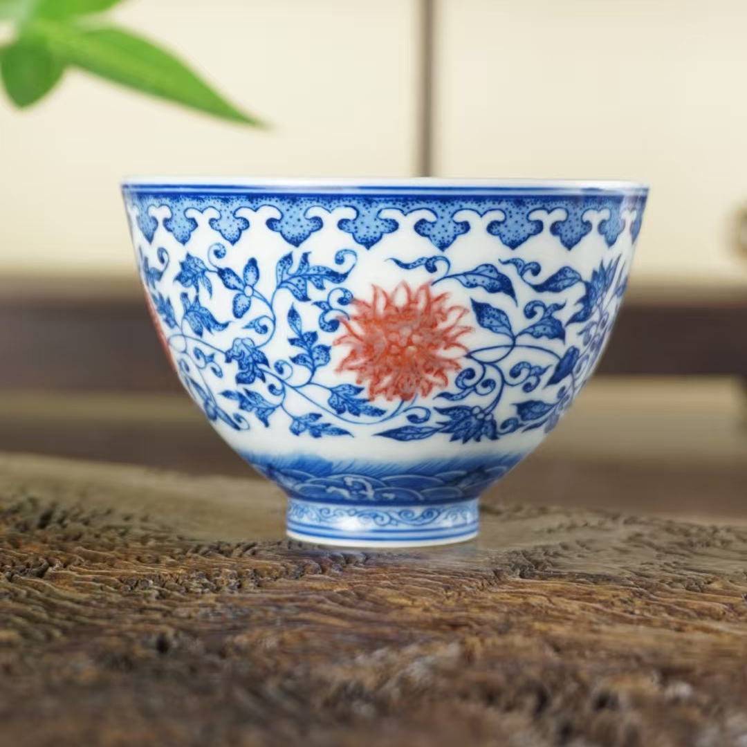 臻玉古坊原矿釉里红缠枝莲鸡心杯精工纯手工手绘精工景德镇110cc