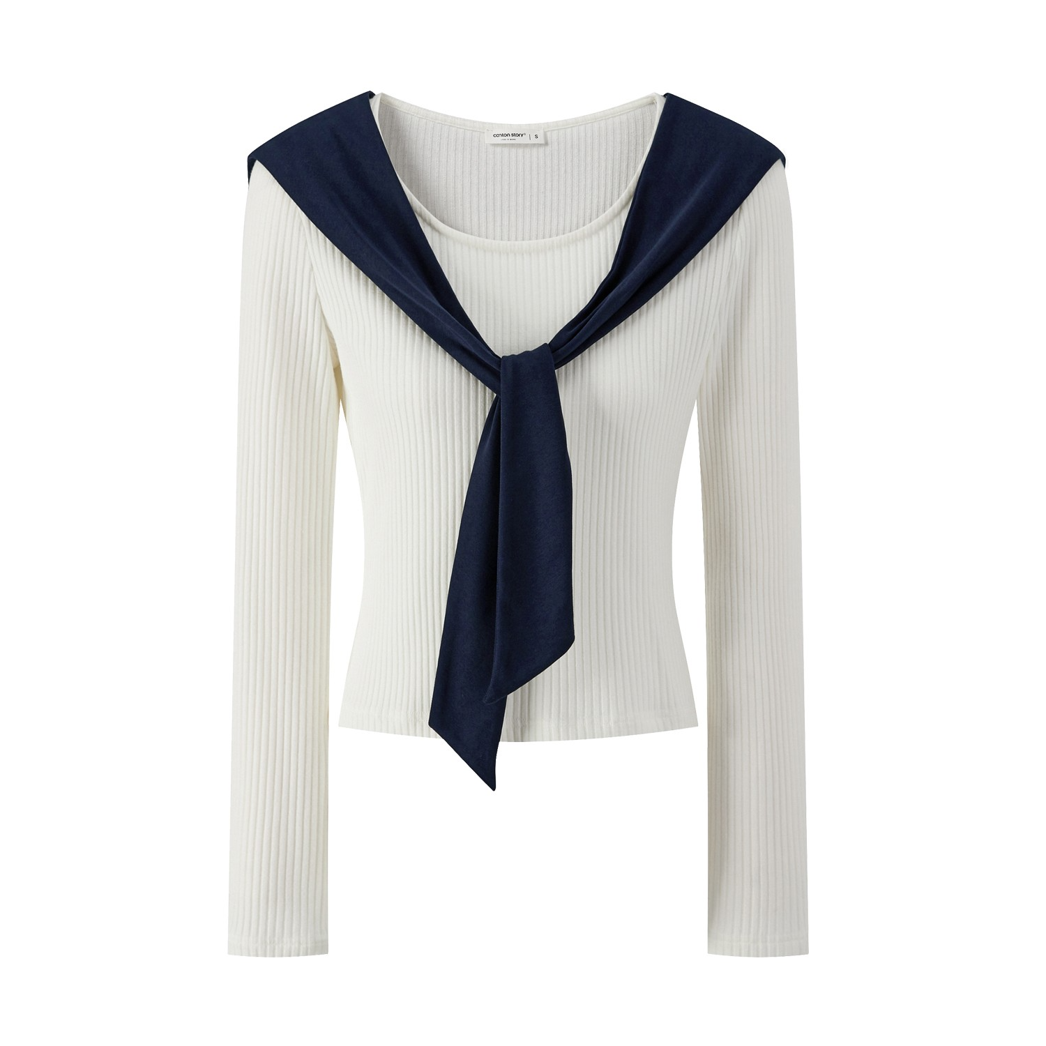 羊城故事-白色圆领收腰长袖t恤配披肩韩系减龄修身上衣Y50954105