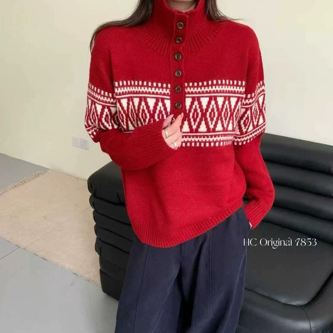 加厚费尔岛提花可翻领上衣