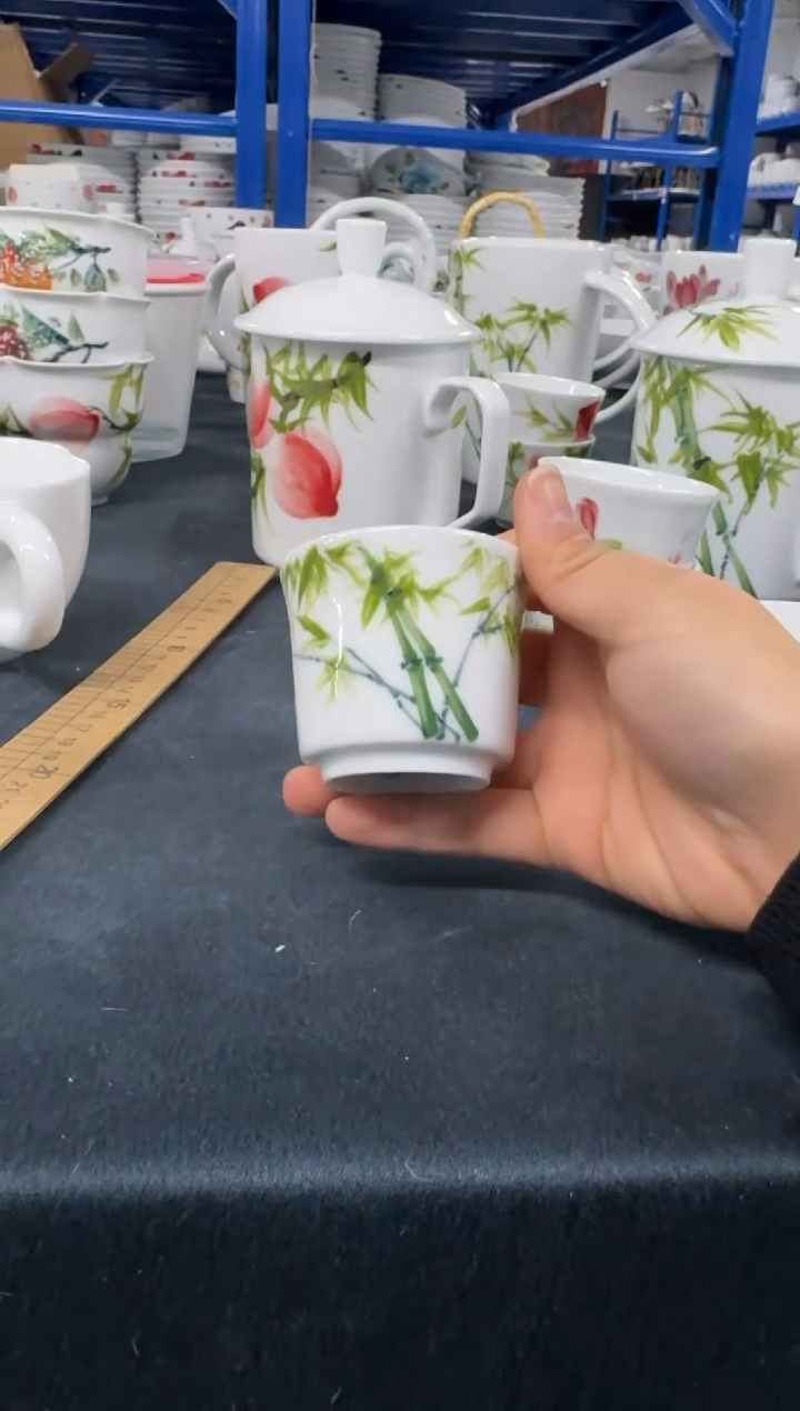 景德镇高温陶瓷食品级手绘釉中彩-竹节杯