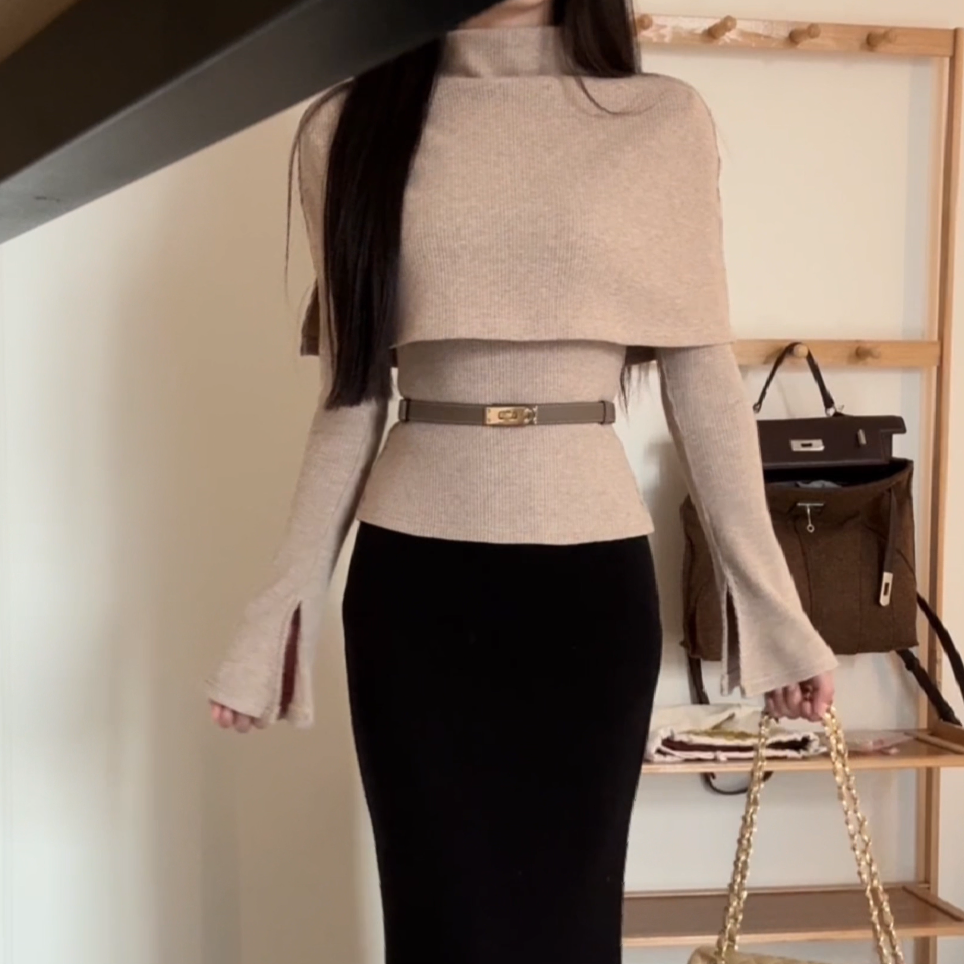 【冬日邂逅】冬季新款设计感真两件斗篷披肩显瘦长袖针织衫XY-293