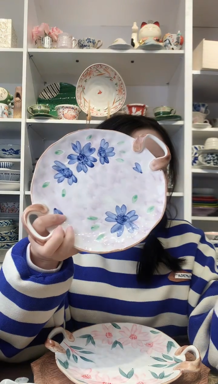 陶瓷【清仓】手绘粉紫花双耳平盘