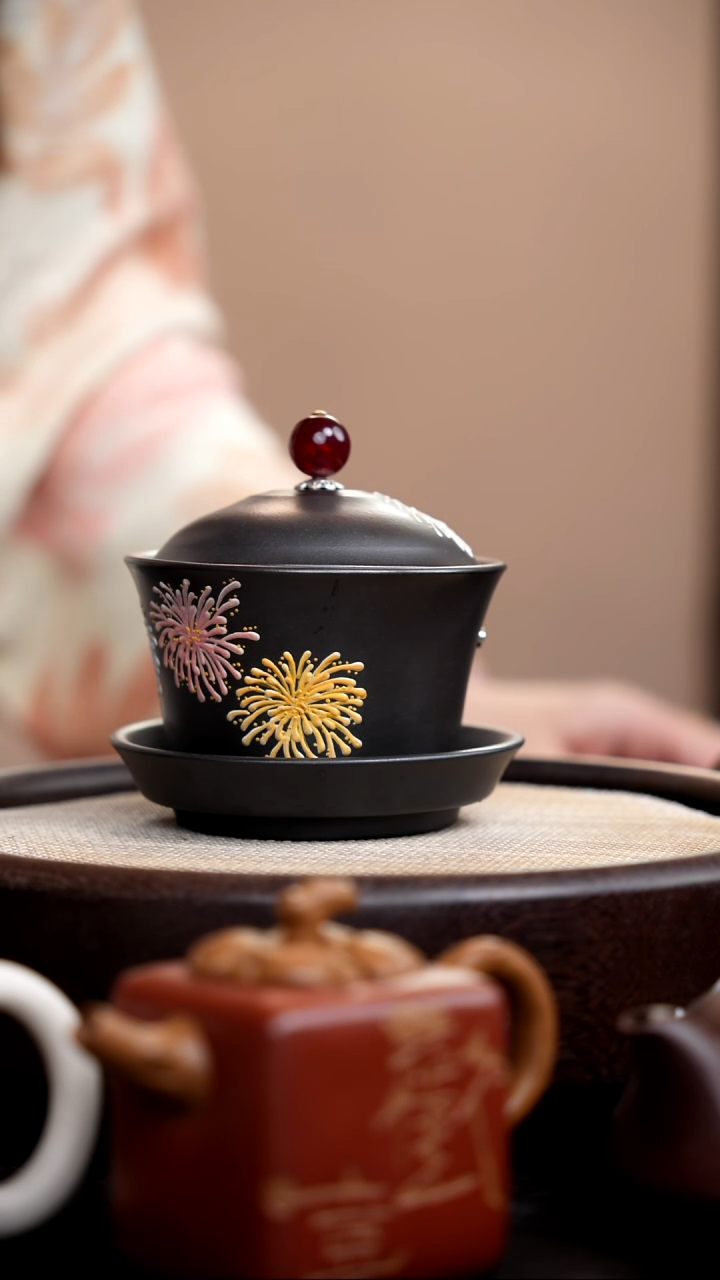 茶壶紫砂石黄烟花三才盖碗 