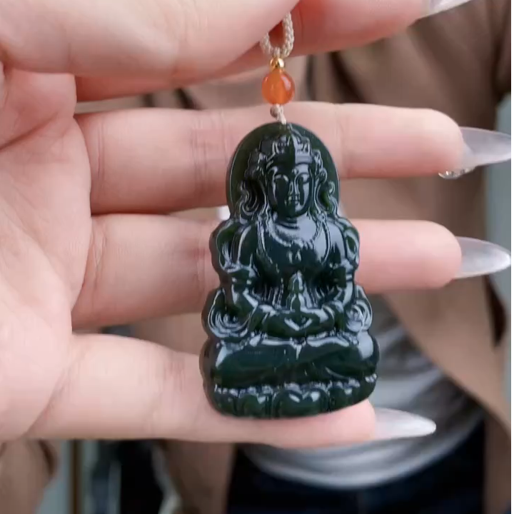 和田玉黑油青玉度母观音【普渡众生】