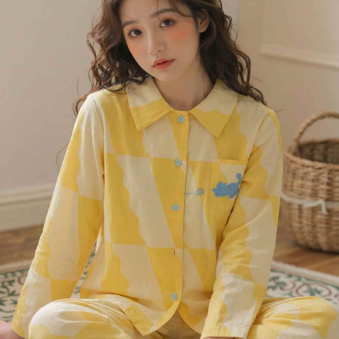 25秋冬季新款猫咪全棉保暖睡衣纯棉情侣家居服长袖翻领套装女式