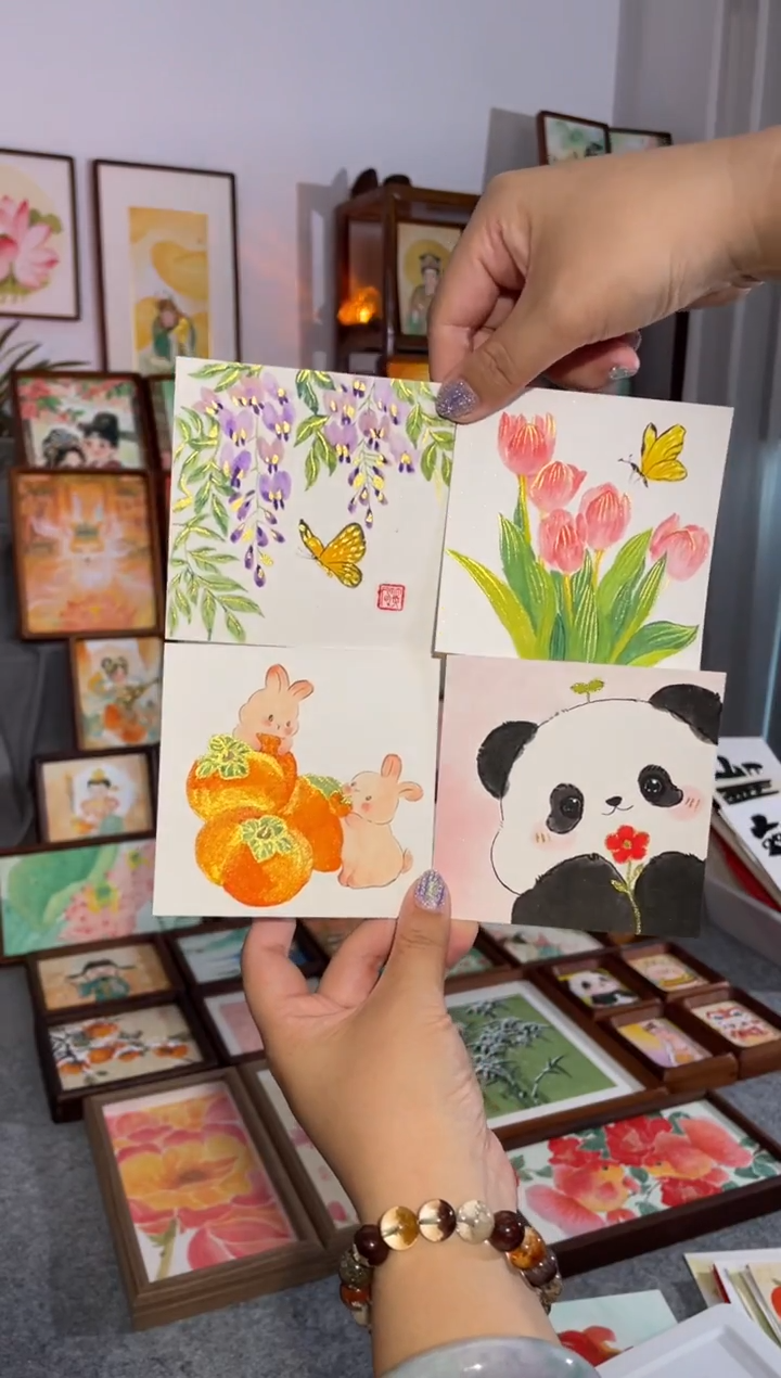 国画【好柿兔+闻花熊猫+紫藤蝴蝶+郁金香-画芯】12手绘摆台