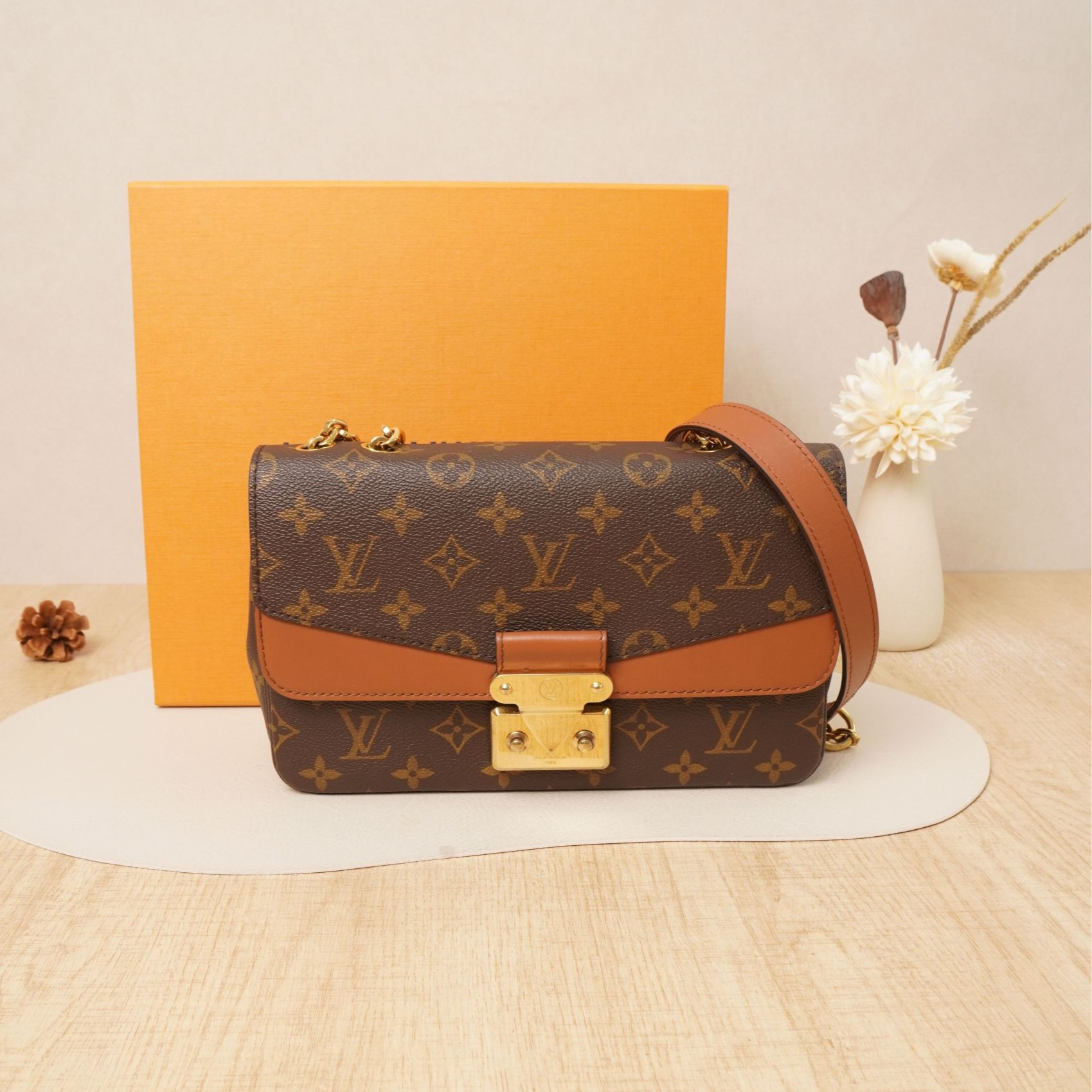 95新 LouisVuitton/路易威登 玛尔索老花拼焦糖色芯片款/DS100534