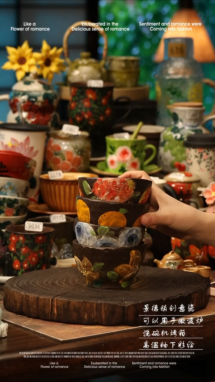 陶瓷四件套景德镇高温釉下彩手工手绘款式