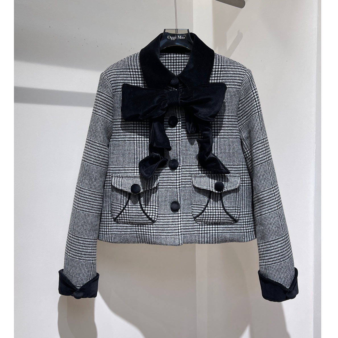 【XSY】OGG-复古感大蝴蝶结千鸟格短款羽绒服