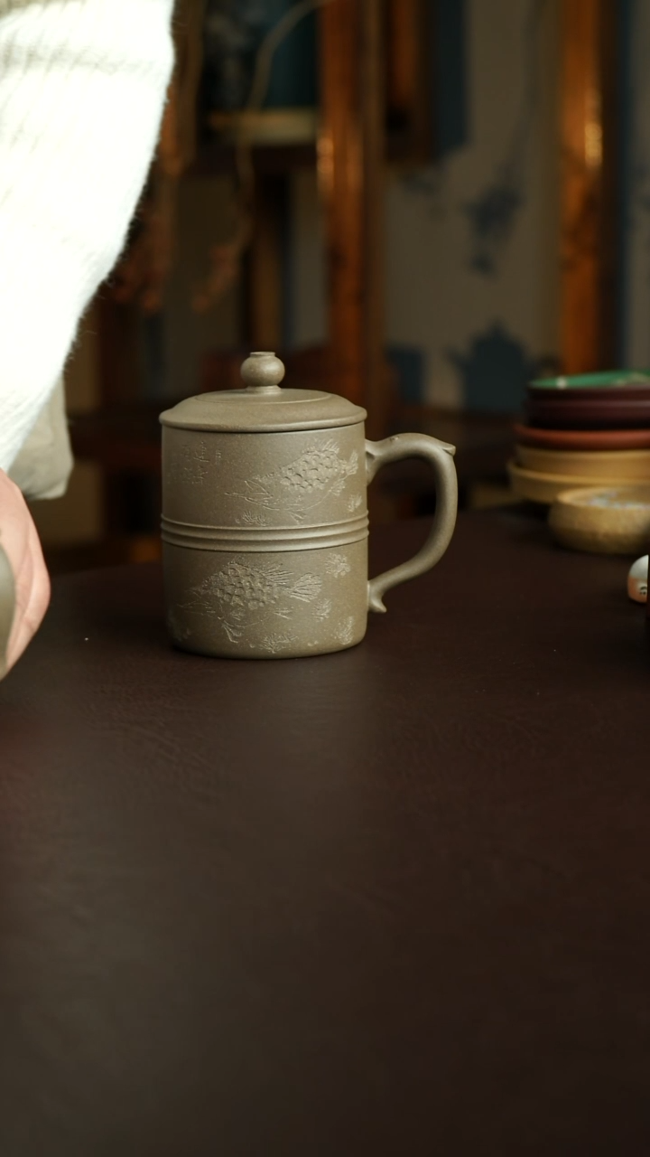 茶杯紫砂31号 桃花鳜鱼盖杯 宜兴紫砂原矿作品