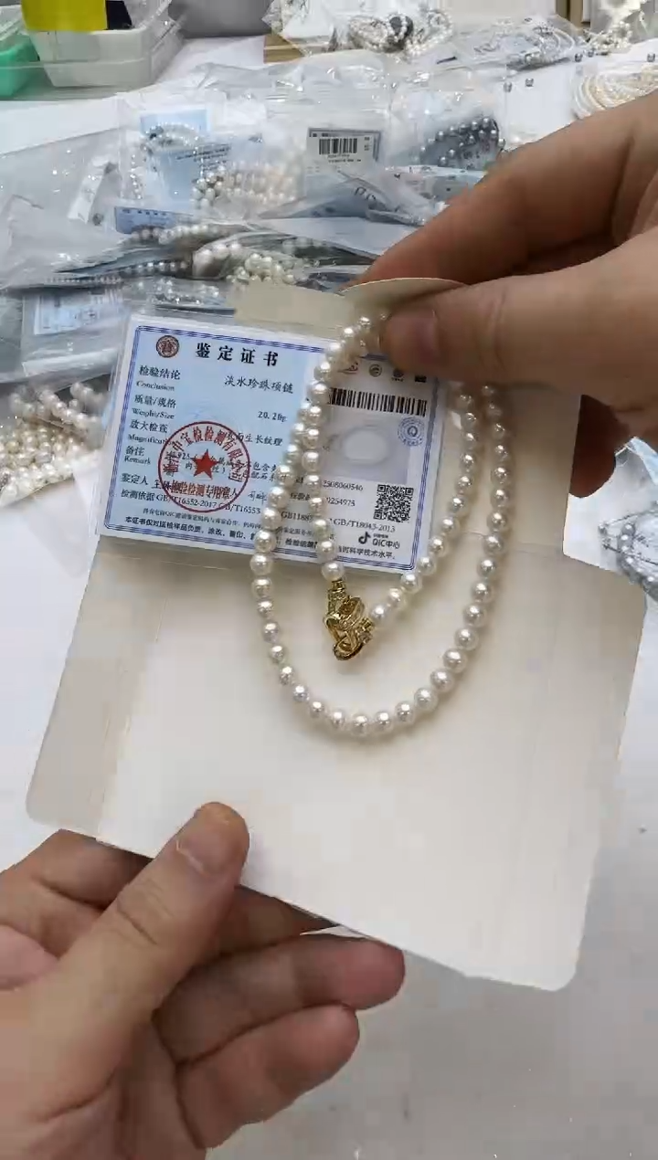 项链银S925镶嵌淡水珍珠6mm 金色宝丽扣-孤品