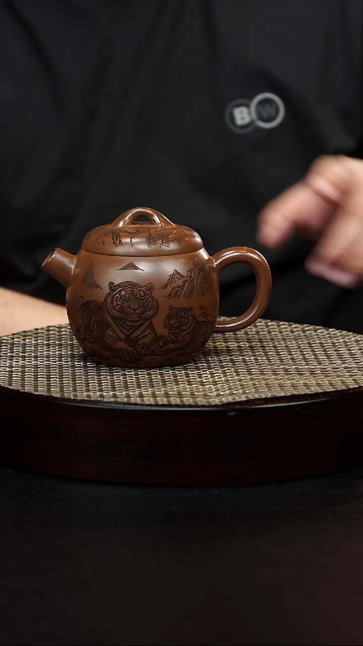 茶壶紫砂宜兴原矿纯手工紫砂 虎刻文旦 明朝土
