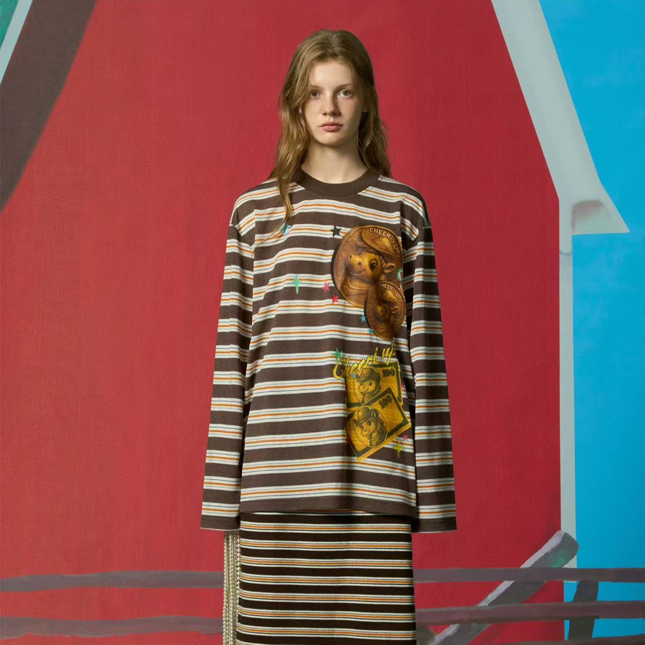 CHEERi UPi 马币马钞条纹长袖T恤