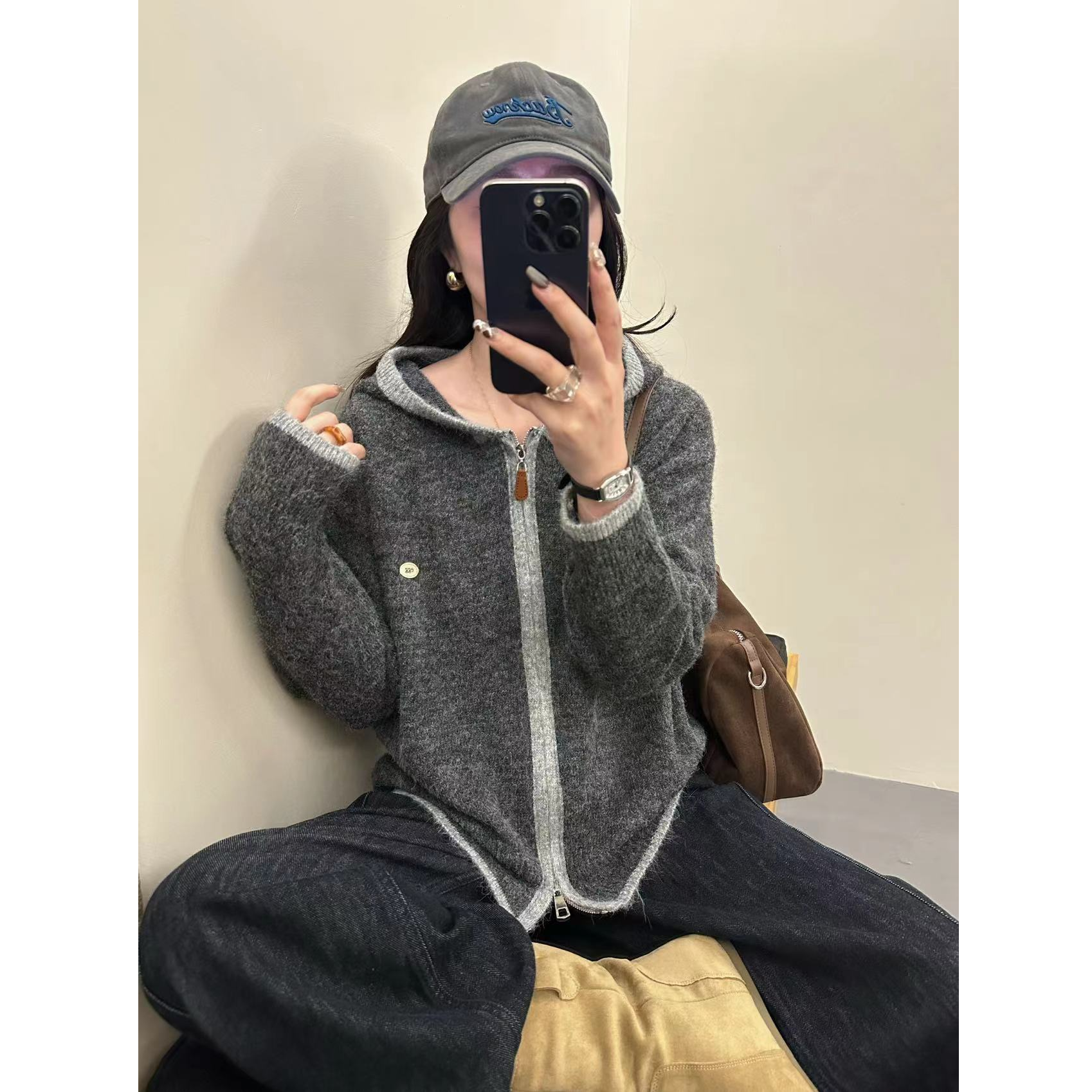 【撞色小银片】羊驼长毛-秋冬宽松长袖撞色连帽双头拉链针织女毛衣