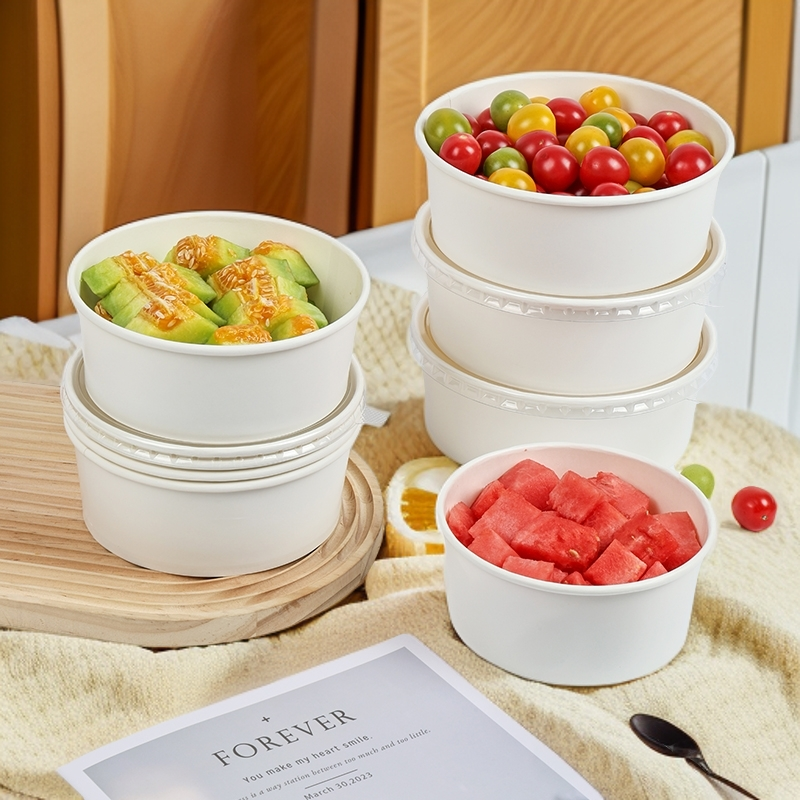 一次性白色加厚圆形果切纸碗带盖加厚防漏轻食沙拉水果一次性餐碗