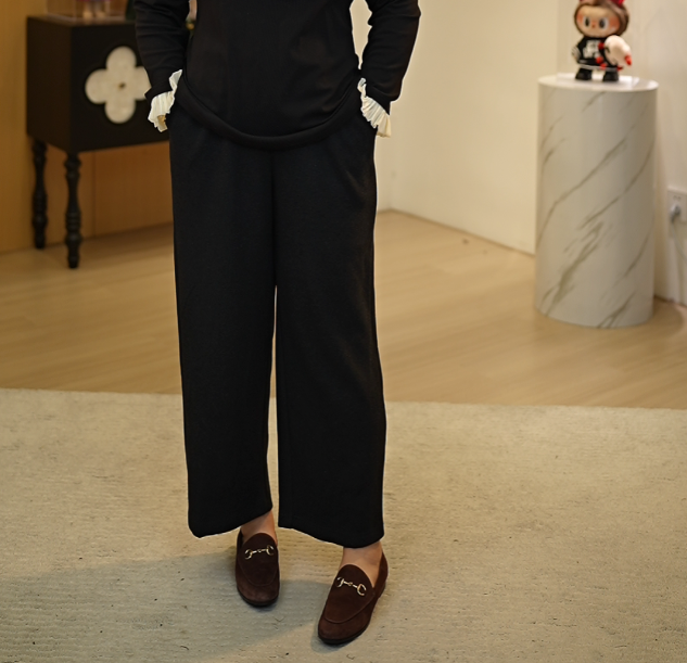 【深圳霞姐】秋冬新品大码女装花黑色休闲宽松阔腿九分裤