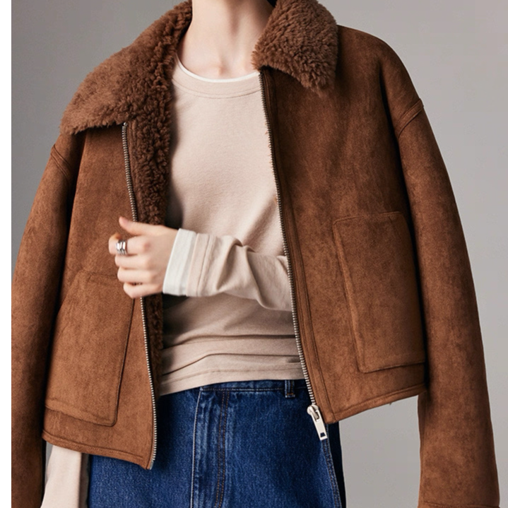 冬季厚款纯色极简风长袖女短外套羊羔绒立领宽松翻领