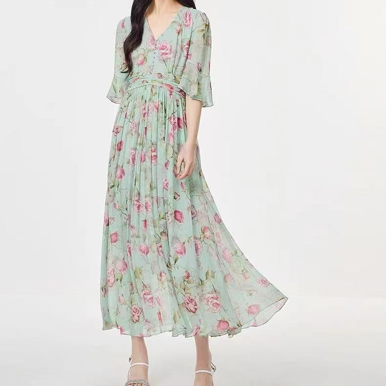 【6A桑蚕丝】K+25夏度假风浪漫玫瑰连衣裙0182