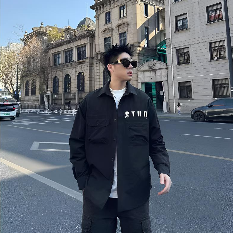  【金猴服装】工装潮流字母撞色长袖翻领外套男女款休闲夹克上衣