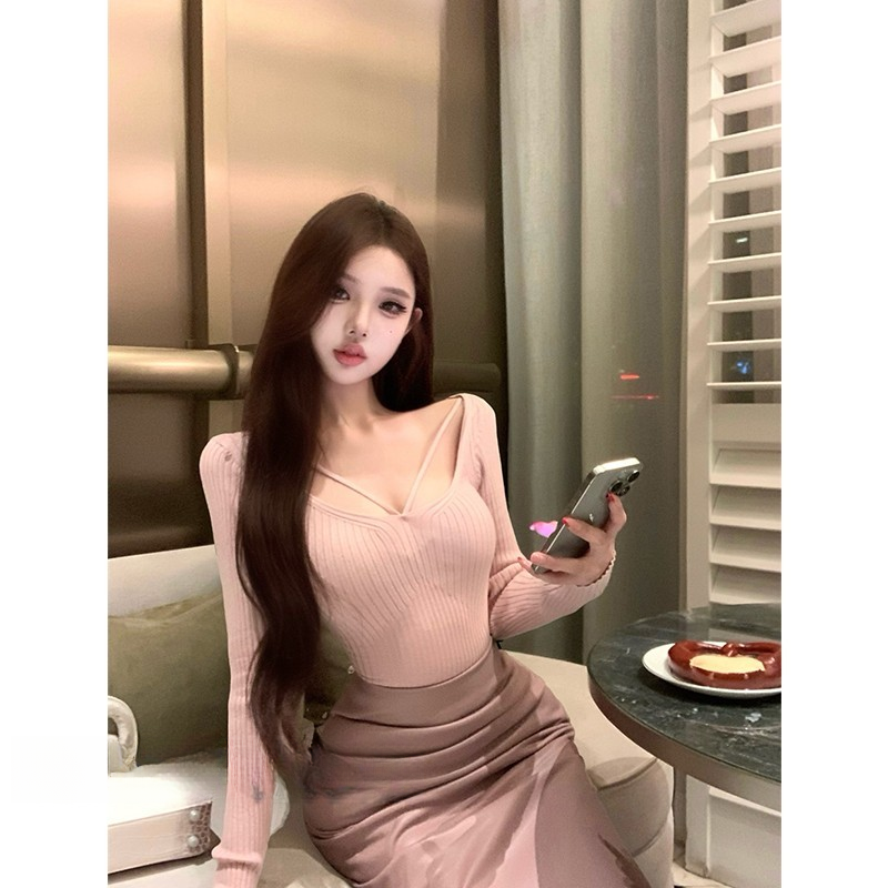 纯欲风粉色u领长袖针织衫女修身收腰打底衫辣妹紧身内搭上衣K1-61