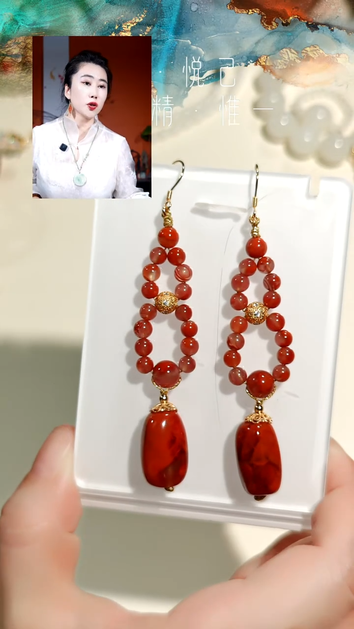 银S925镶嵌火焰纹南红玛瑙耳环