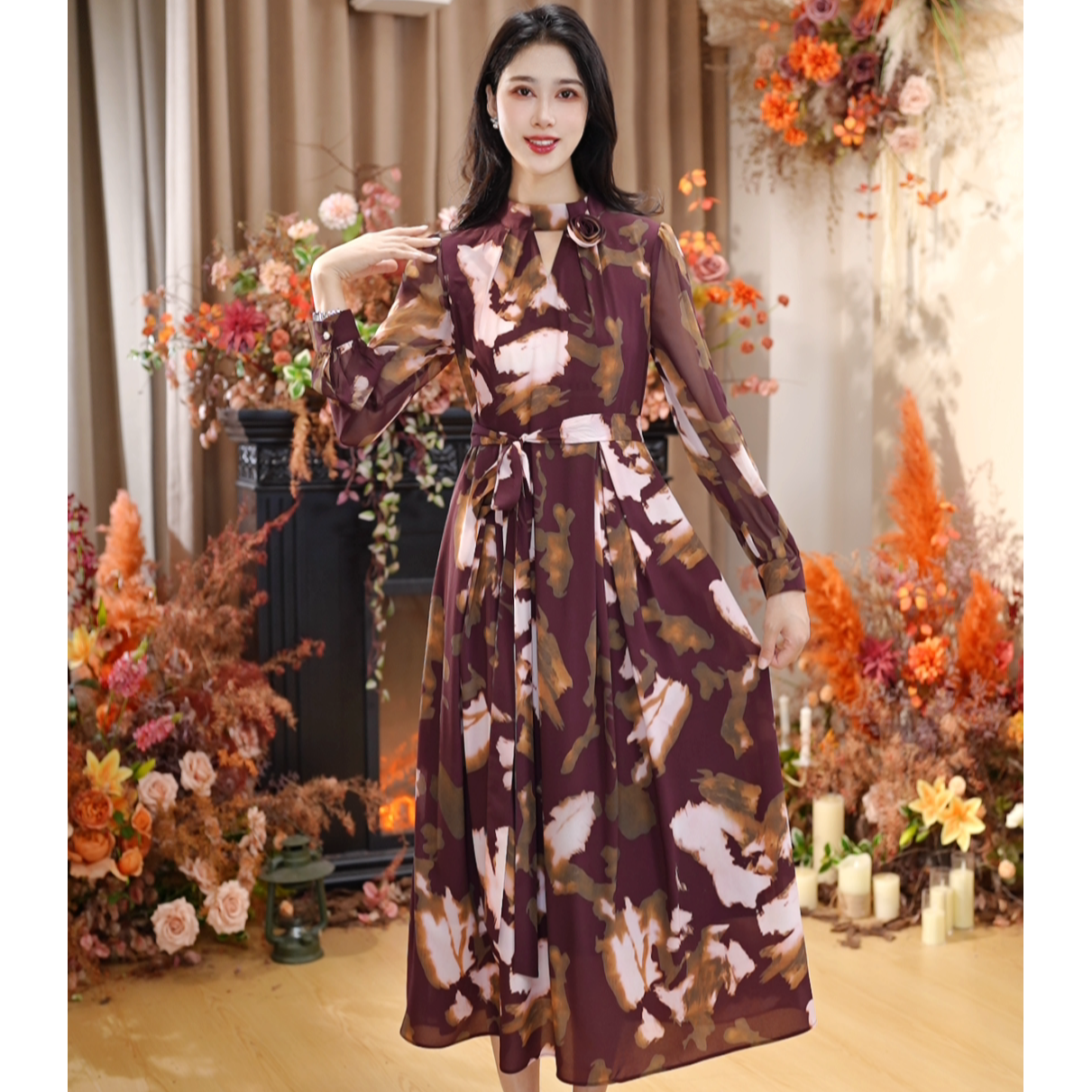 【DS】春季新款立领镂空玫瑰花显瘦遮肚子收腰气质女连衣裙DLS010