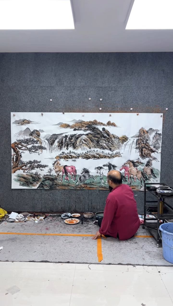 纸本国画定制同款 山水八骏 240x120cm 