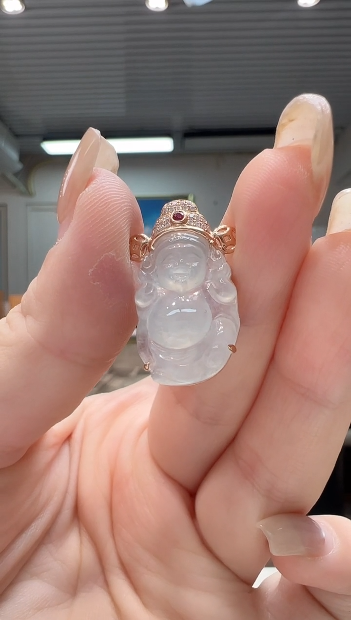 【闪购商品】翡翠吊坠(不含链)18K金镶嵌翡翠财神吊坠