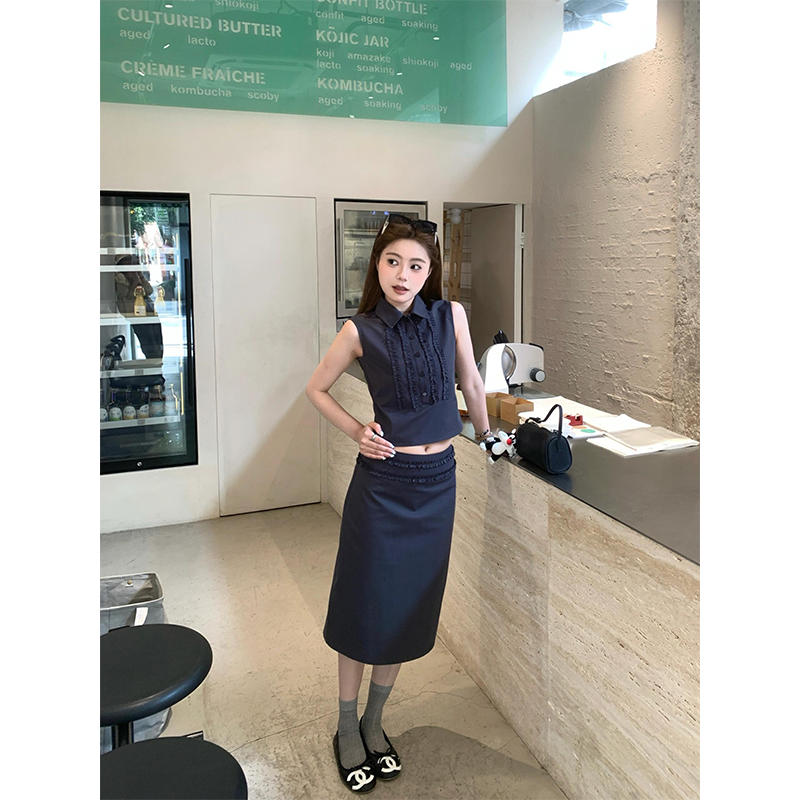 财阀千金女装花边压褶无袖衬衫背心高腰纯欲风包臀裙半身裙套装