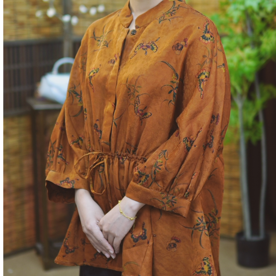 最妍新中式香云纱衬衣女新款立领印花长袖复古汉服宽松气质上衣