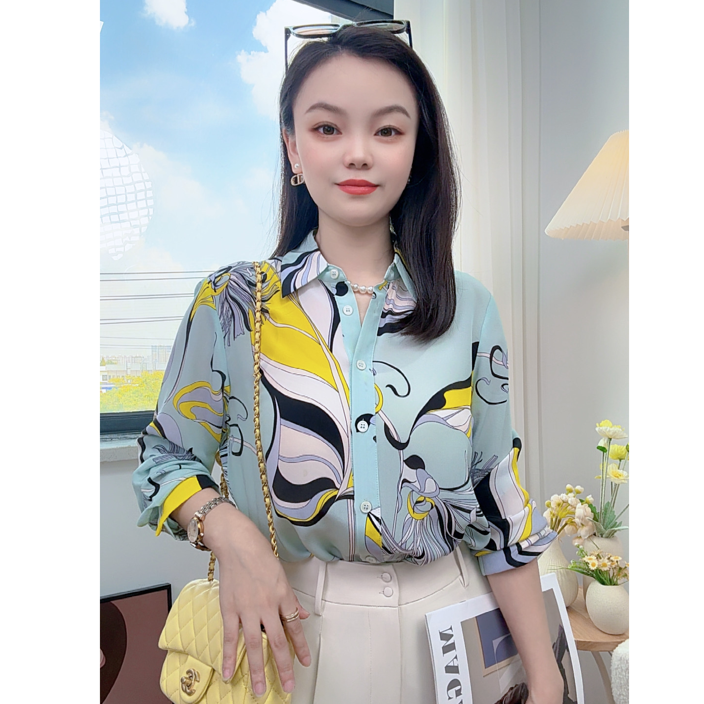 【灿灿】真丝桑蚕丝双绉长袖衬衫女春秋2025年新款时尚印花职业上衣