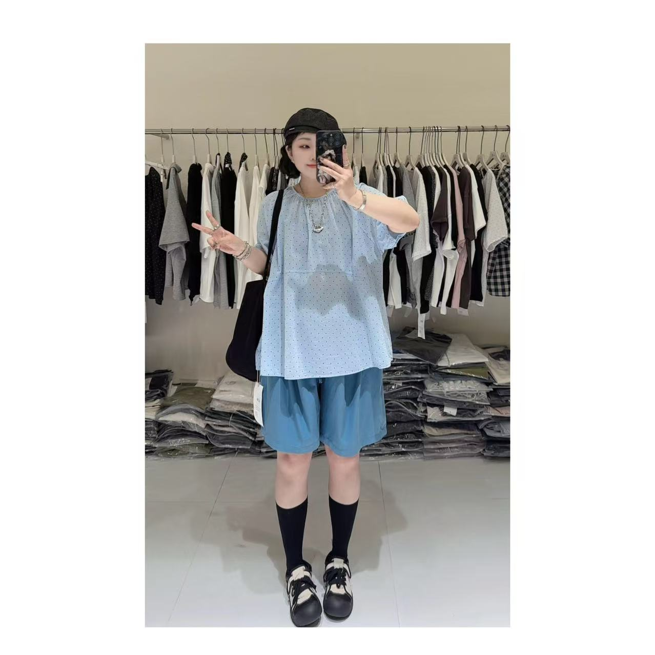 【波点】韩气圆领显瘦波点小衫上衣9756