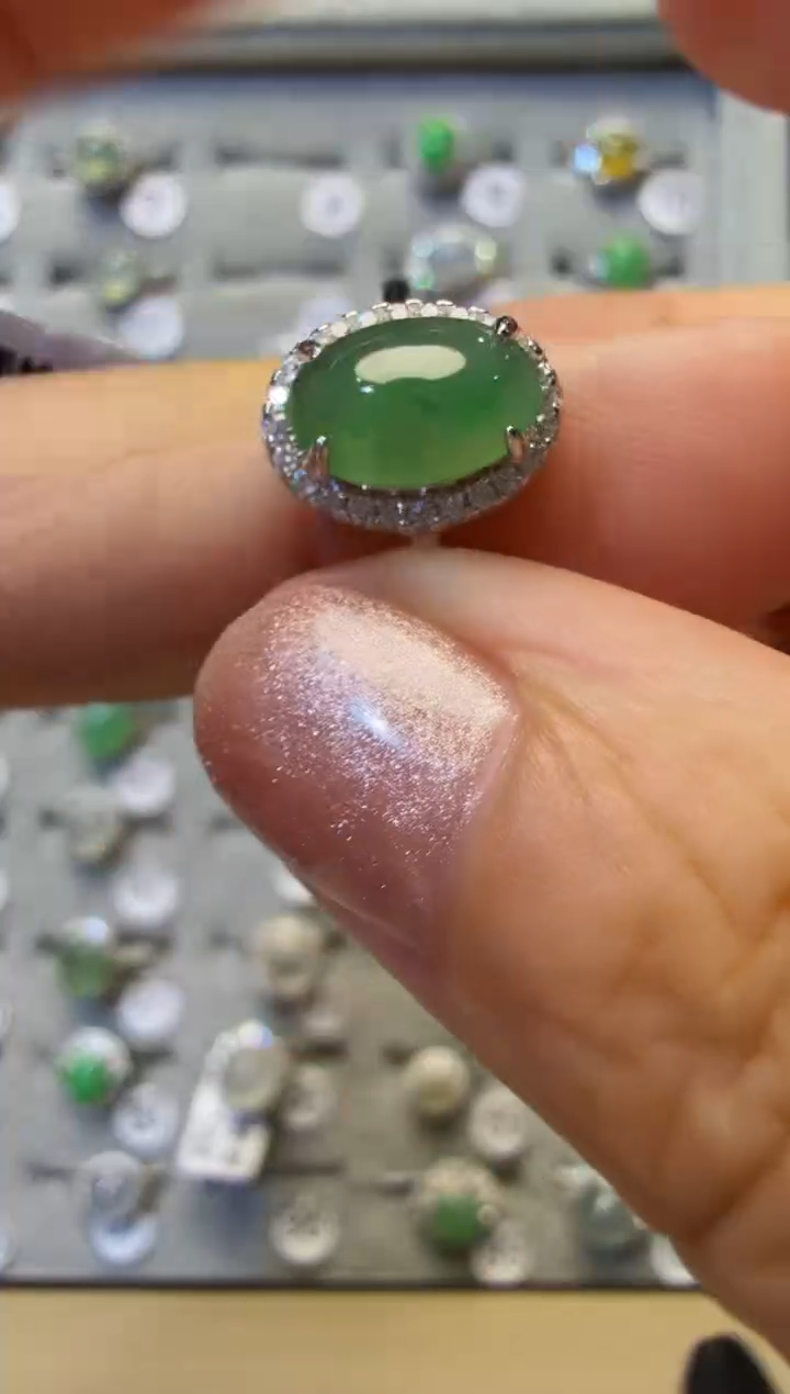 银S925镶嵌戒指翡翠925银镶缅甸A货翡翠戒指