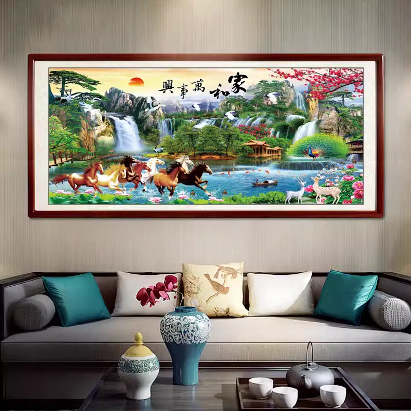 1.45大纯手工绣好十字绣成品710家和万事兴马到成功客厅挂画