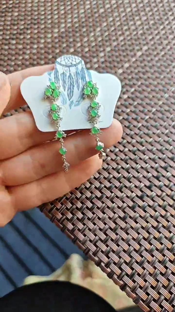 【闪购商品】翡翠耳饰银S925镶嵌翡翠耳饰S925银镶嵌
