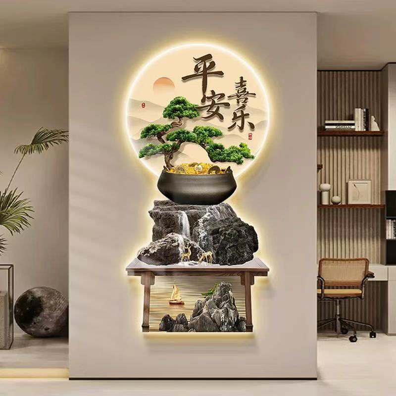 新中式茶道玄关装饰画山水迎客松茶室馆布置挂画文化背景墙壁画灯