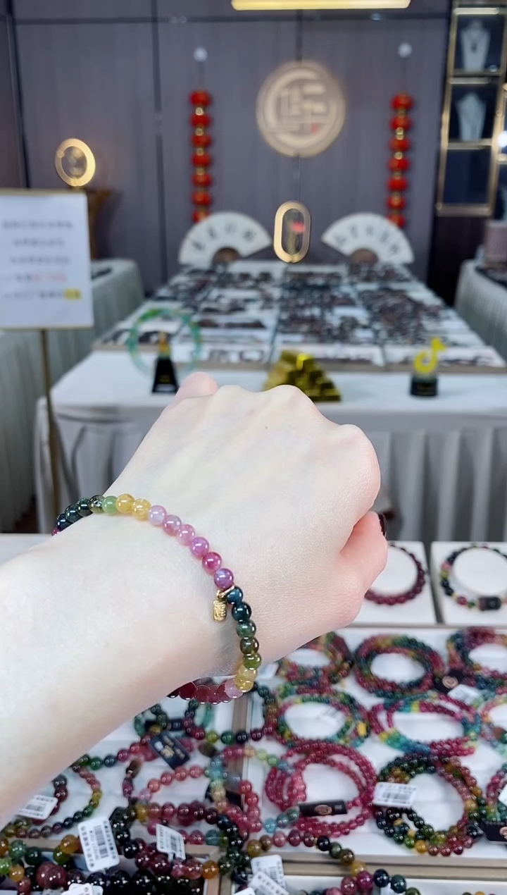 未镶嵌老矿碧玺色标彩虹单圈手串4mm+碧玺dan多样性发货一条