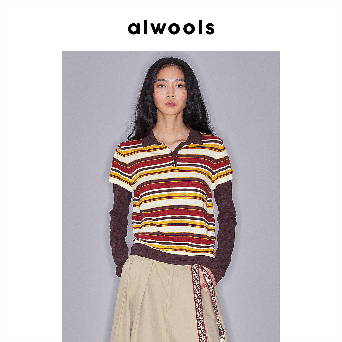 ALWOOLS2025秋冬新品复古撞色条纹假两件针织polo衫
