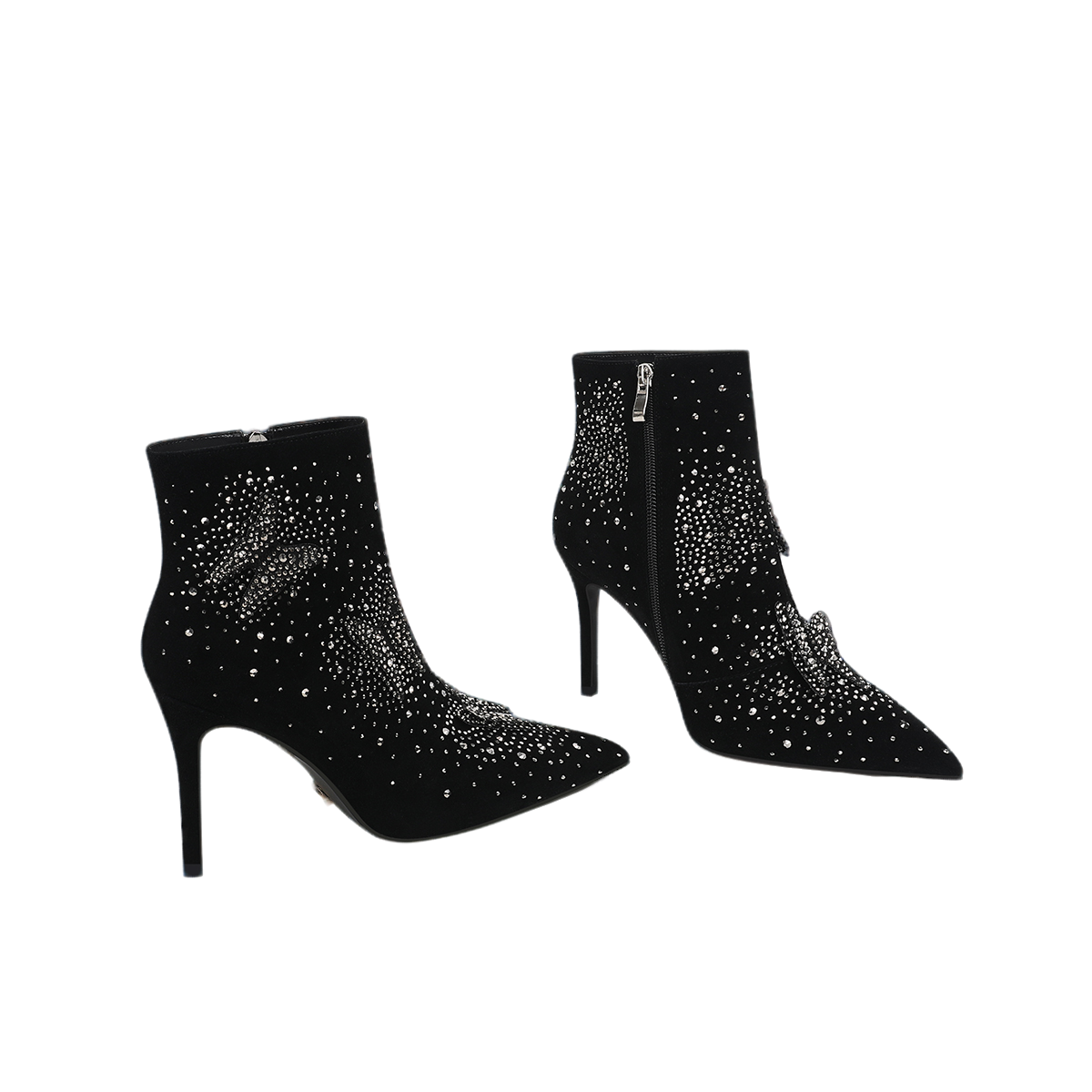 靴子黑色尖头水钻细跟侧拉链时尚靴子