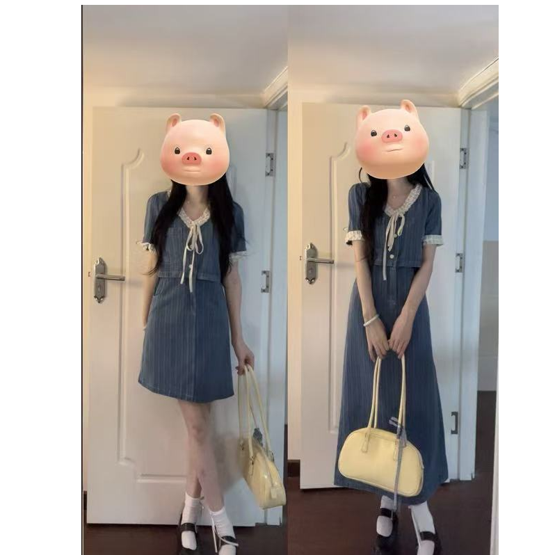 2025夏装新款大码胖MM法式V领假两件复古牛仔连衣裙闺蜜裙1634