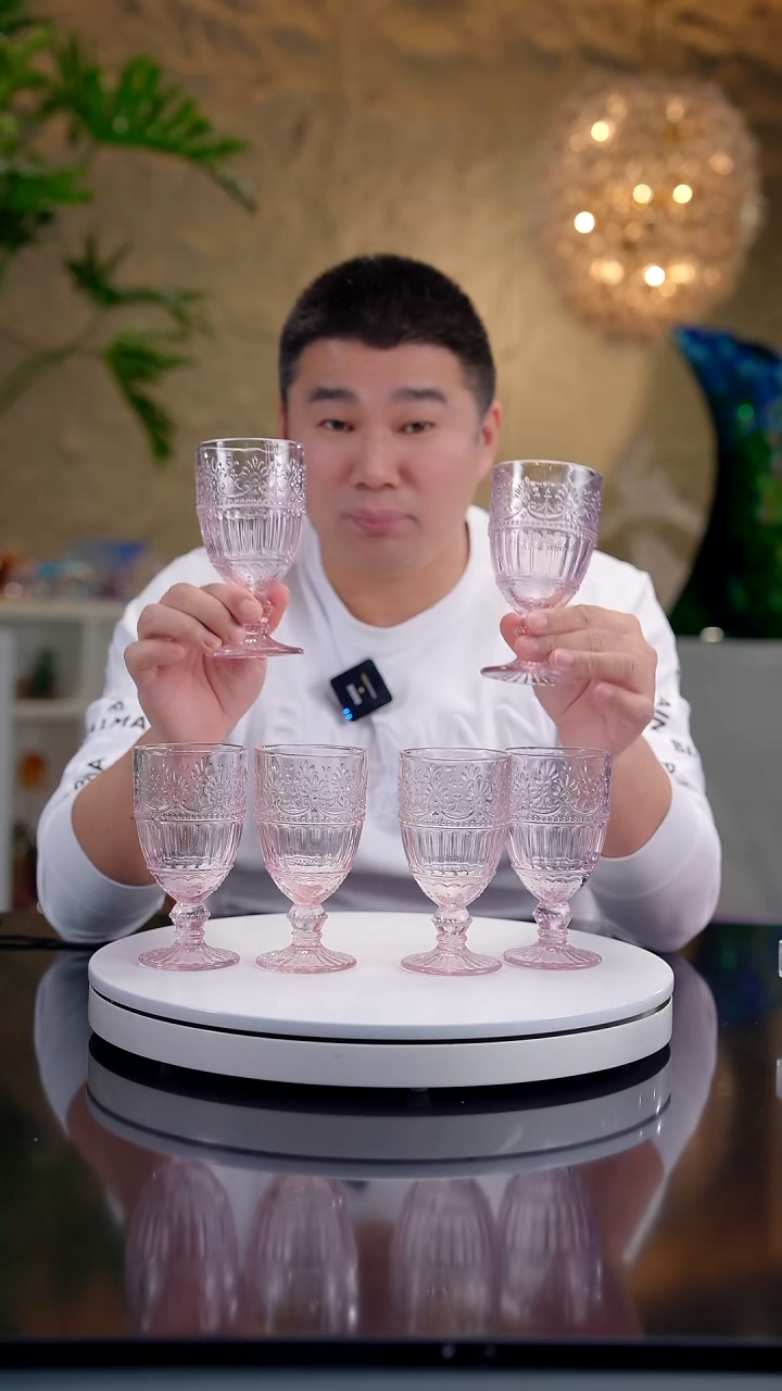 手工艺品琉璃金粉色浮雕高脚杯6只