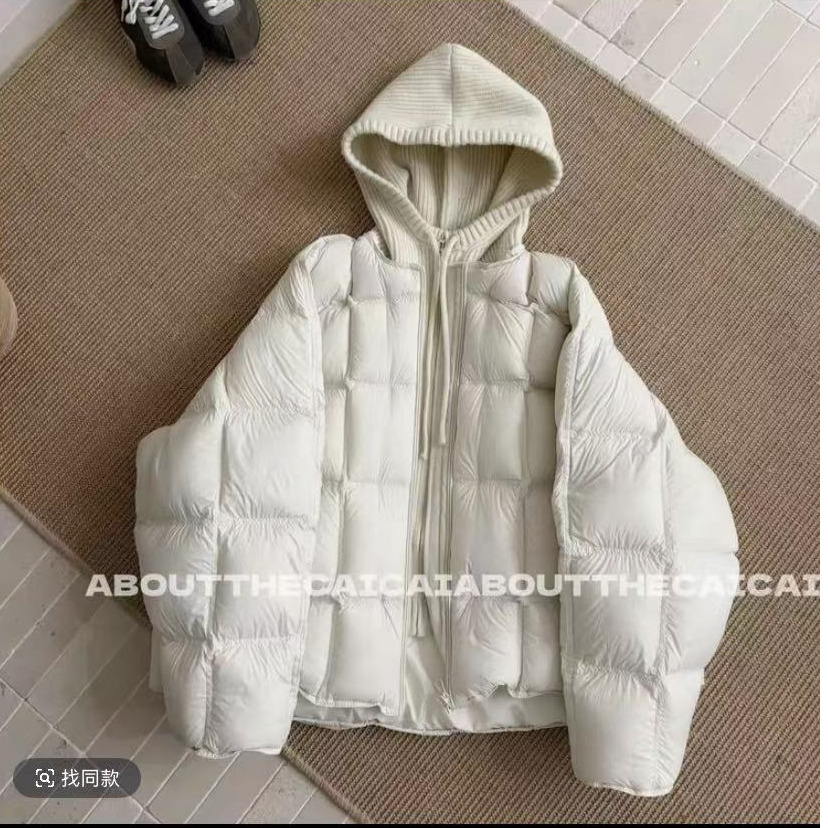  2025冬季新款时尚气质云杂泡芙连帽长袖假两件棉服外套女