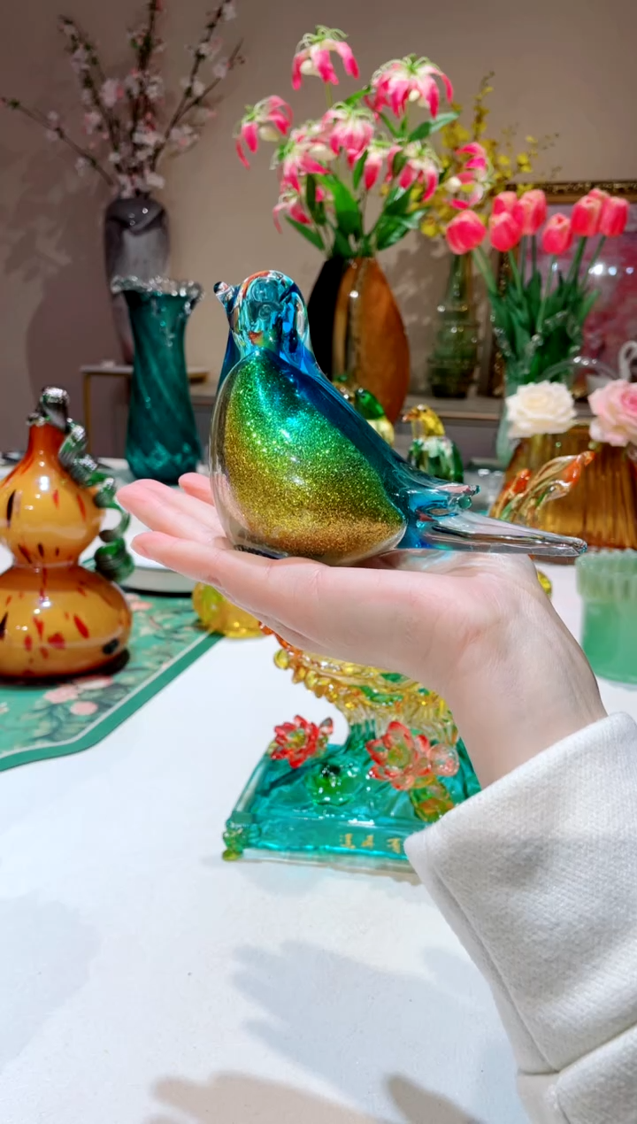 【闪购商品】琉璃手工艺品蓝色洒金鸟