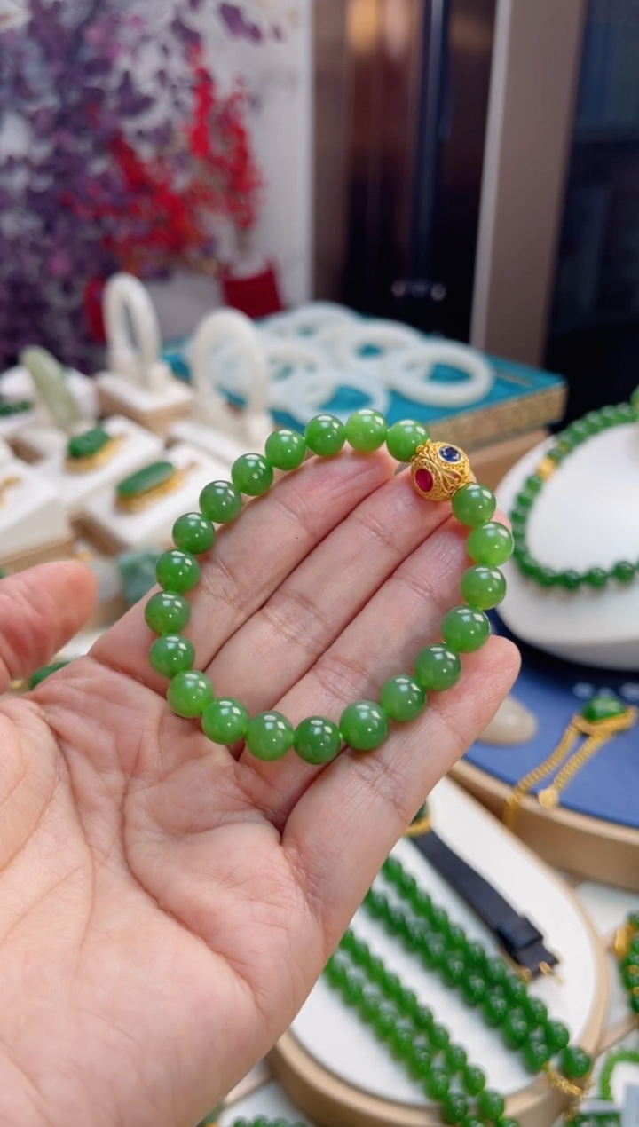 【闪购商品】和田玉手串18K金镶嵌8mm
