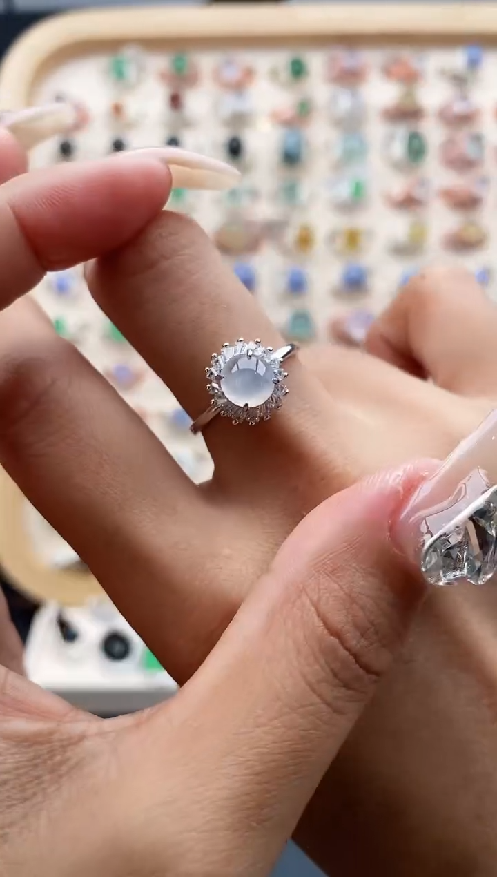 【闪购商品】翡翠戒指银S925镶嵌缅甸天然A货翡翠222  6+8