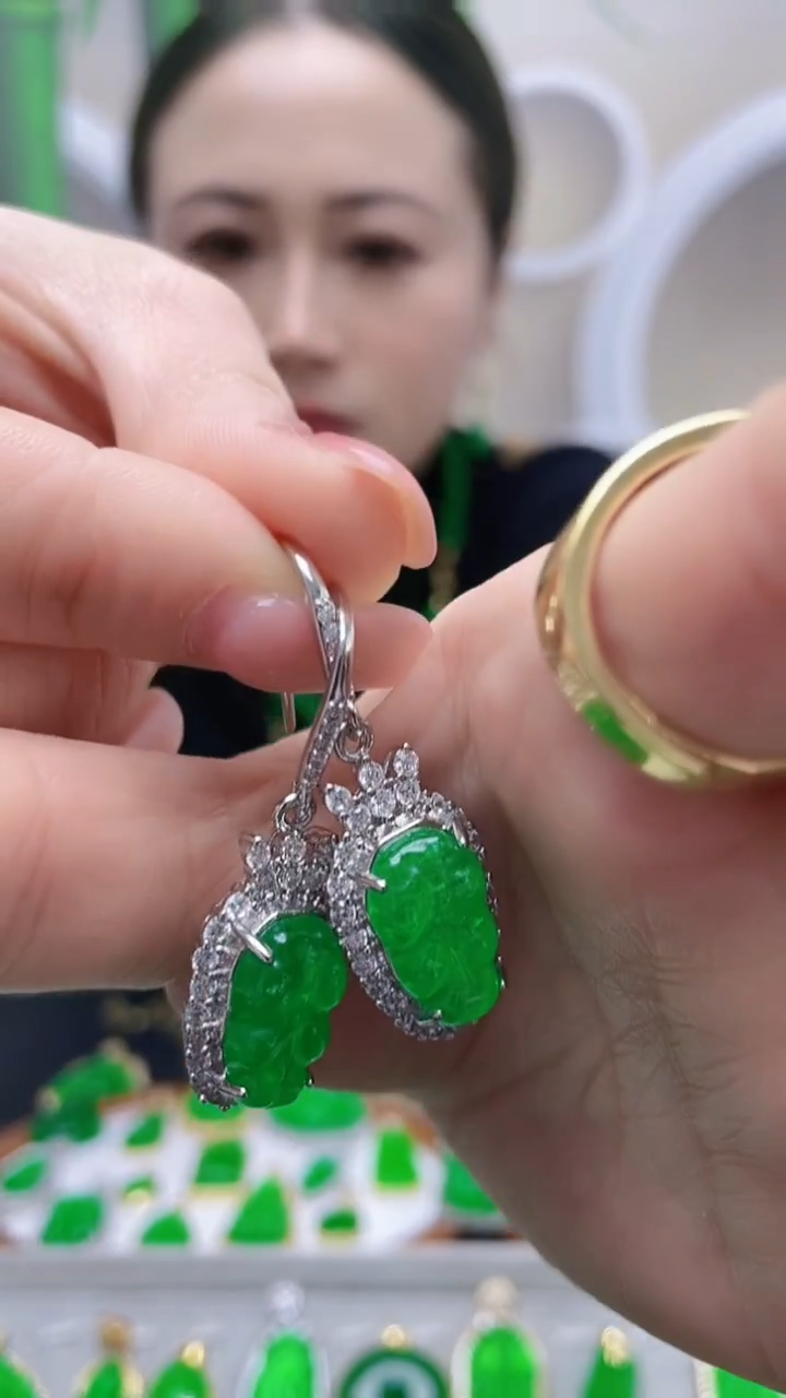 银S925镶嵌翡翠耳饰a01叶子耳坠