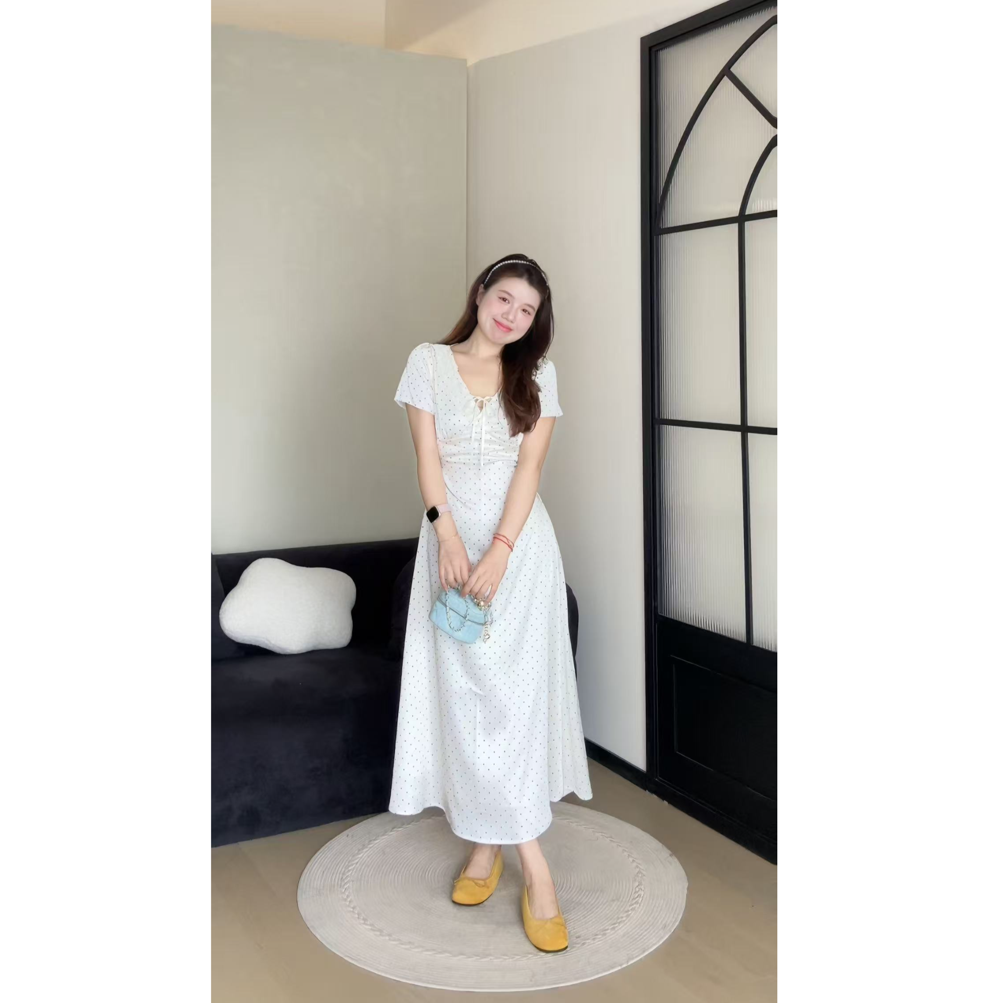 米米子定制微胖mm短袖波点V领法式收腰显瘦时尚长裙夏季新款裙子